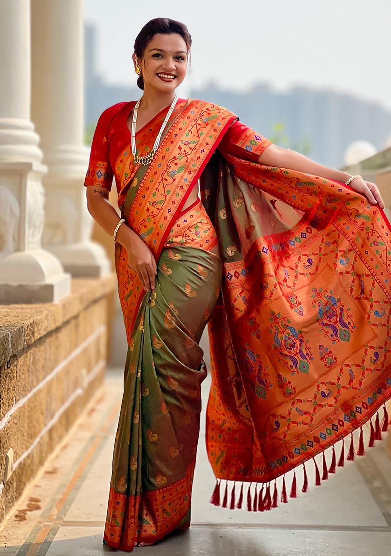 Mehendi Zari Work Silk Saree Set - Indya