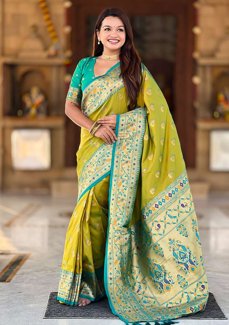 Pastel Zari Work Silk Blend Saree Set for Diwali and Festive Wear - Indya