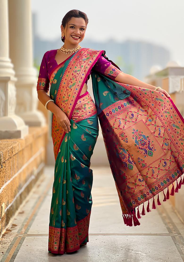 Rama Zari Work Silk Saree Set - Indya