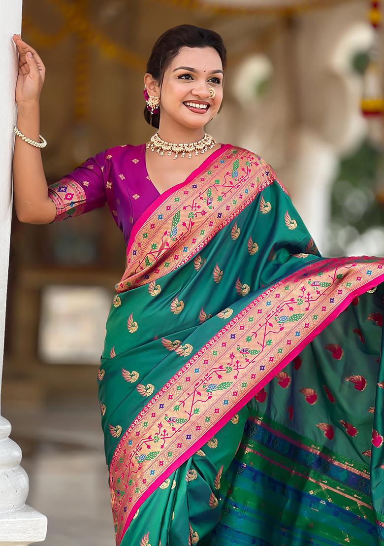 Rama Zari Work Silk Saree Set - Indya