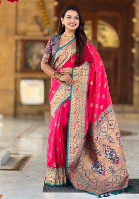 Rani Pink Zari Work Silk Saree Set