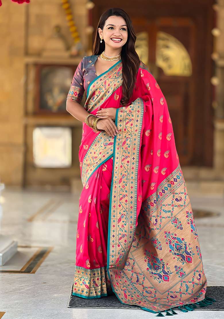 Rani Pink Silk Blend Saree Set with Zari Work for Diwali | Wedding & Festive Wear - Indya