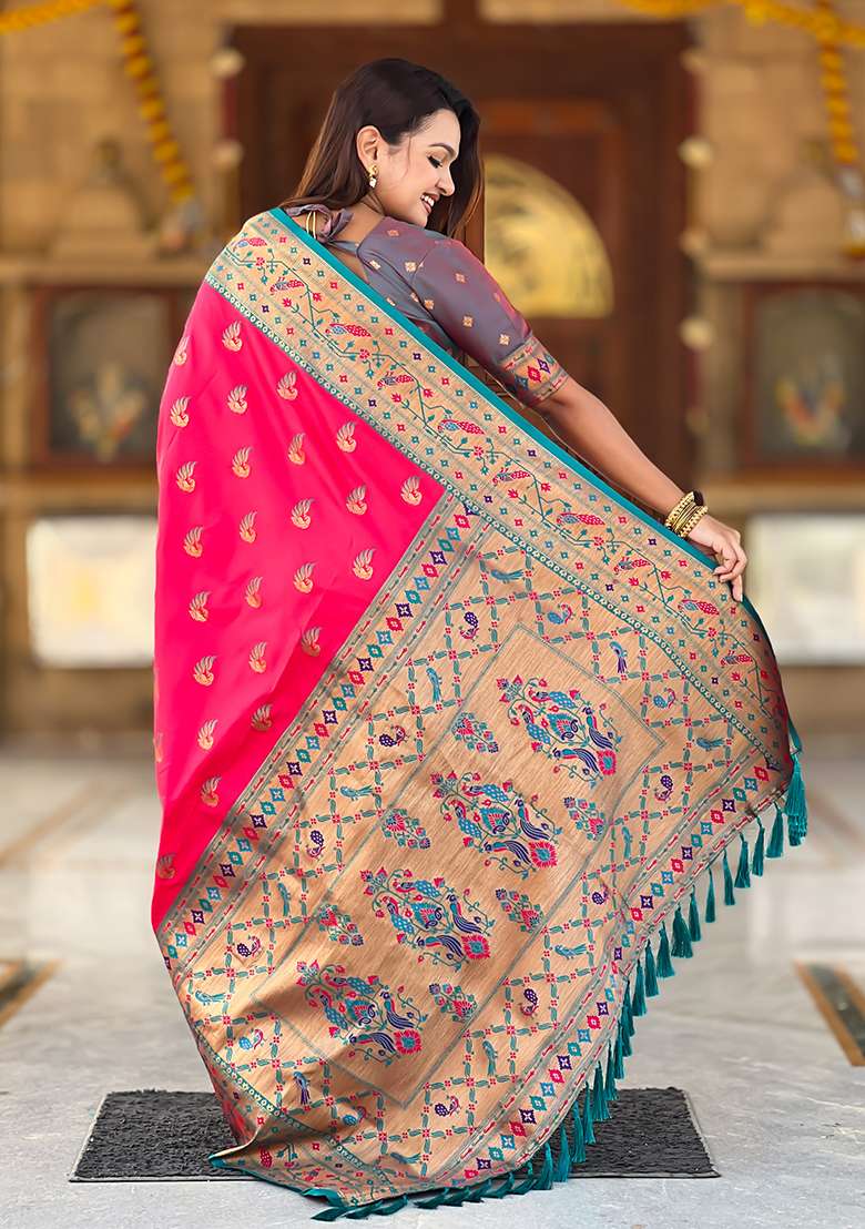 Rani Pink Silk Blend Saree Set with Zari Work for Diwali | Wedding & Festive Wear - Indya