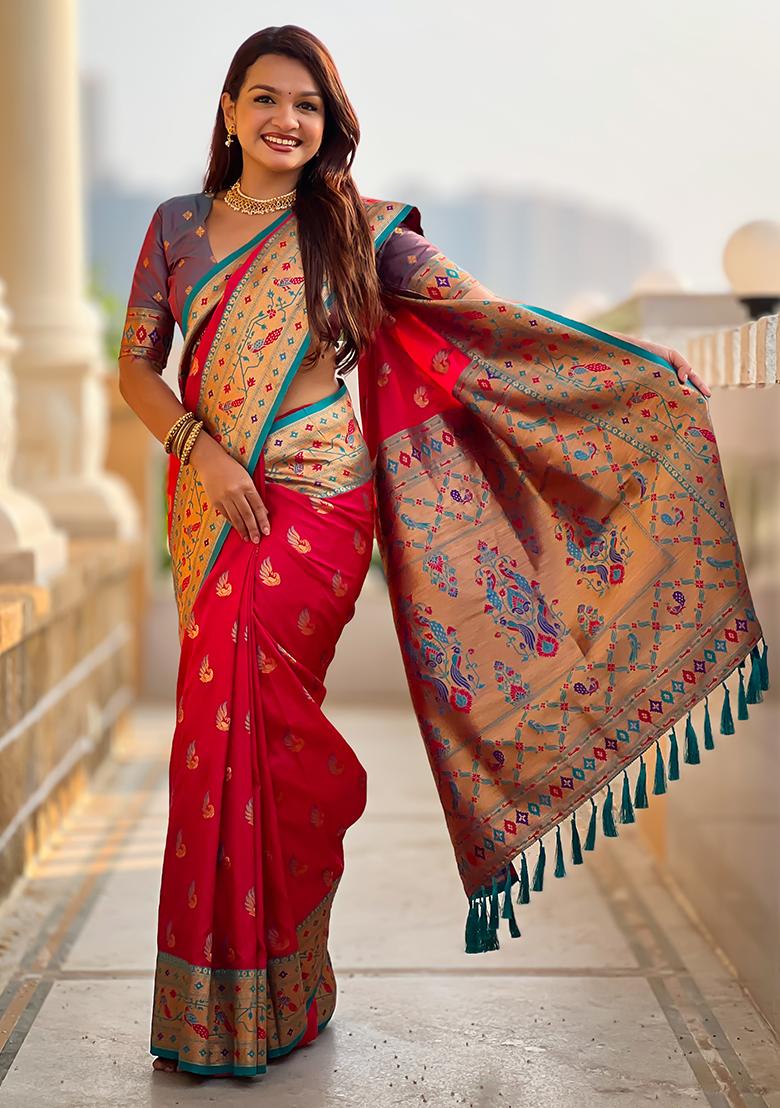 Rani Pink Zari Work Silk Saree Set - Indya
