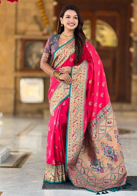 Rani Pink Zari Work Silk Saree Set