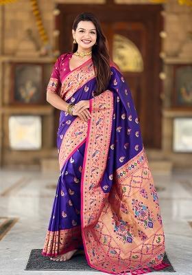 Violet Zari Work Silk Saree Set