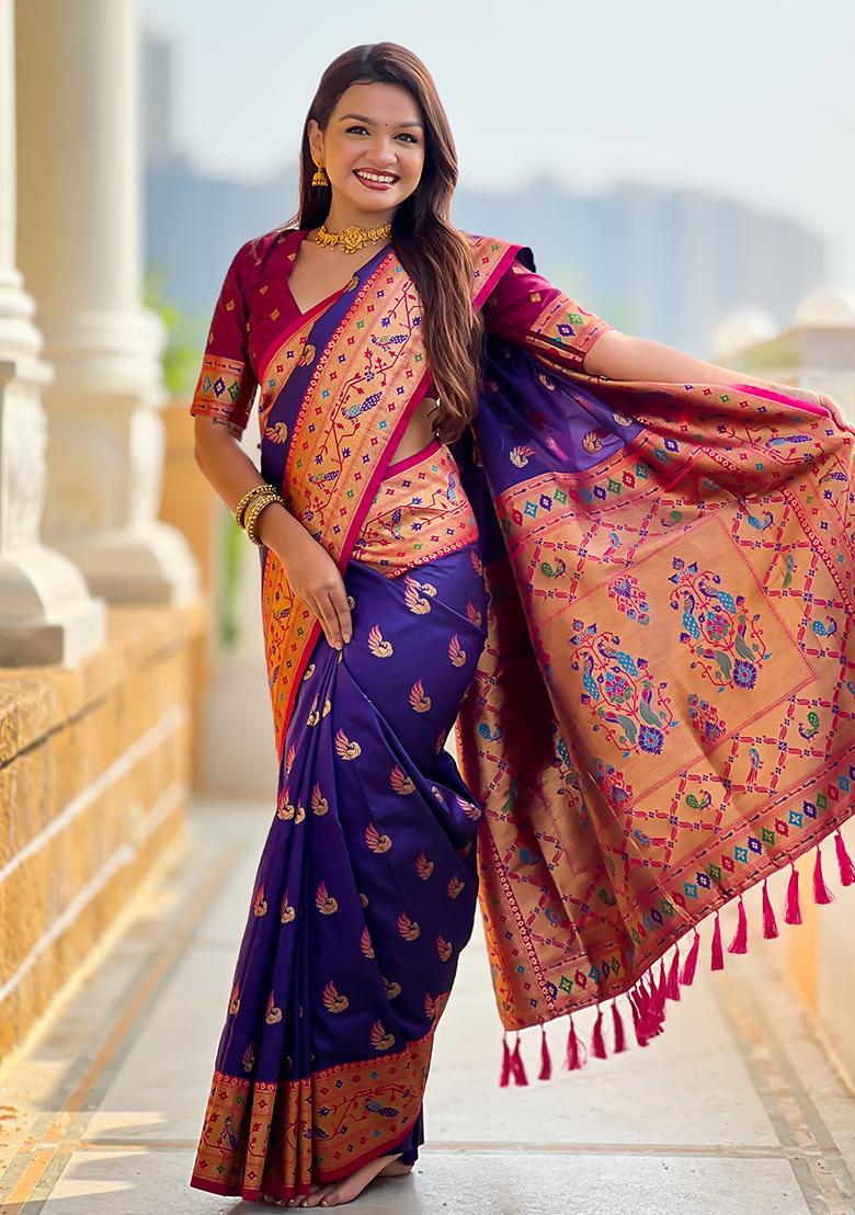 Violet Zari Work Silk Saree Set - Indya