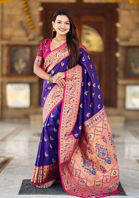 Violet Zari Work Silk Saree Set
