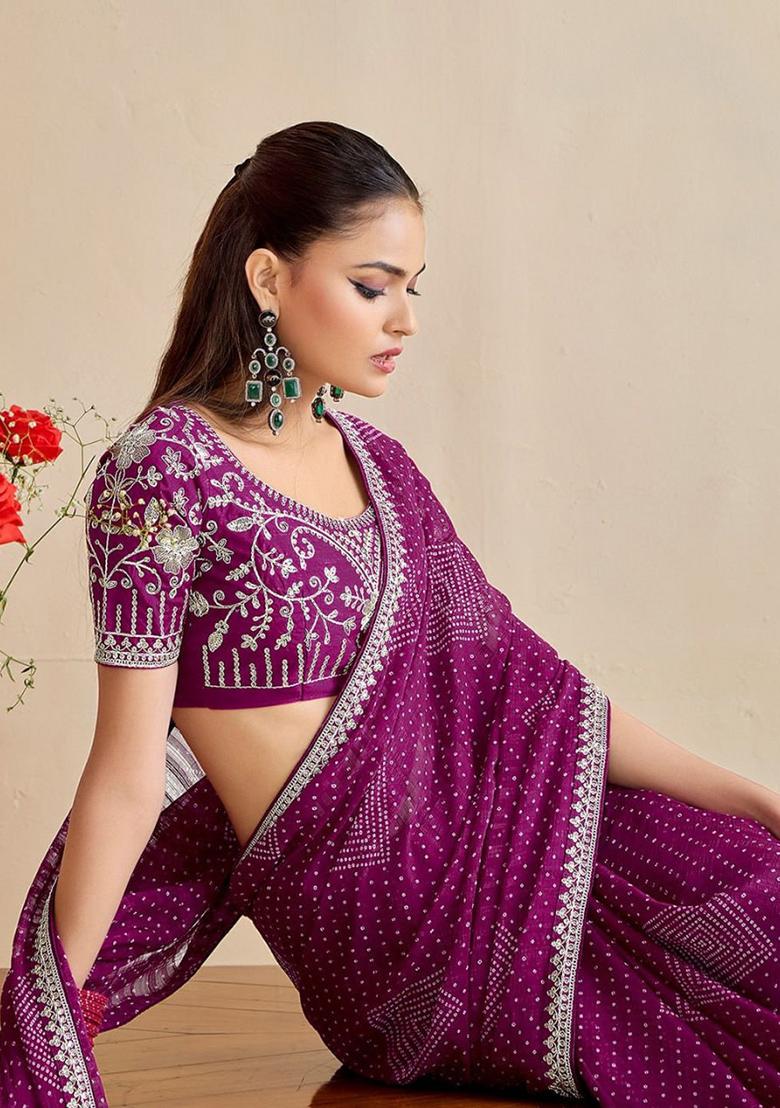 Wine Embroidery Chiffon Saree Set - Indya