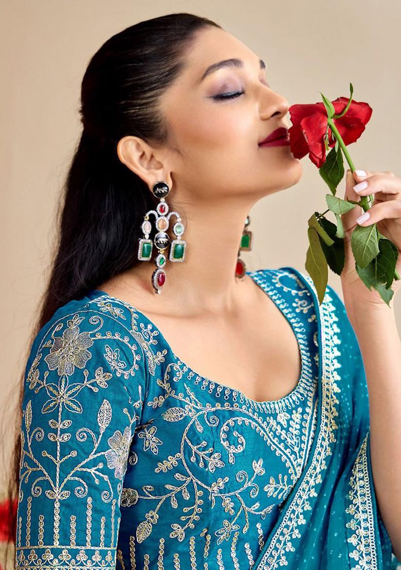 Sky Blue Embroidery Chiffon Saree Set - Indya