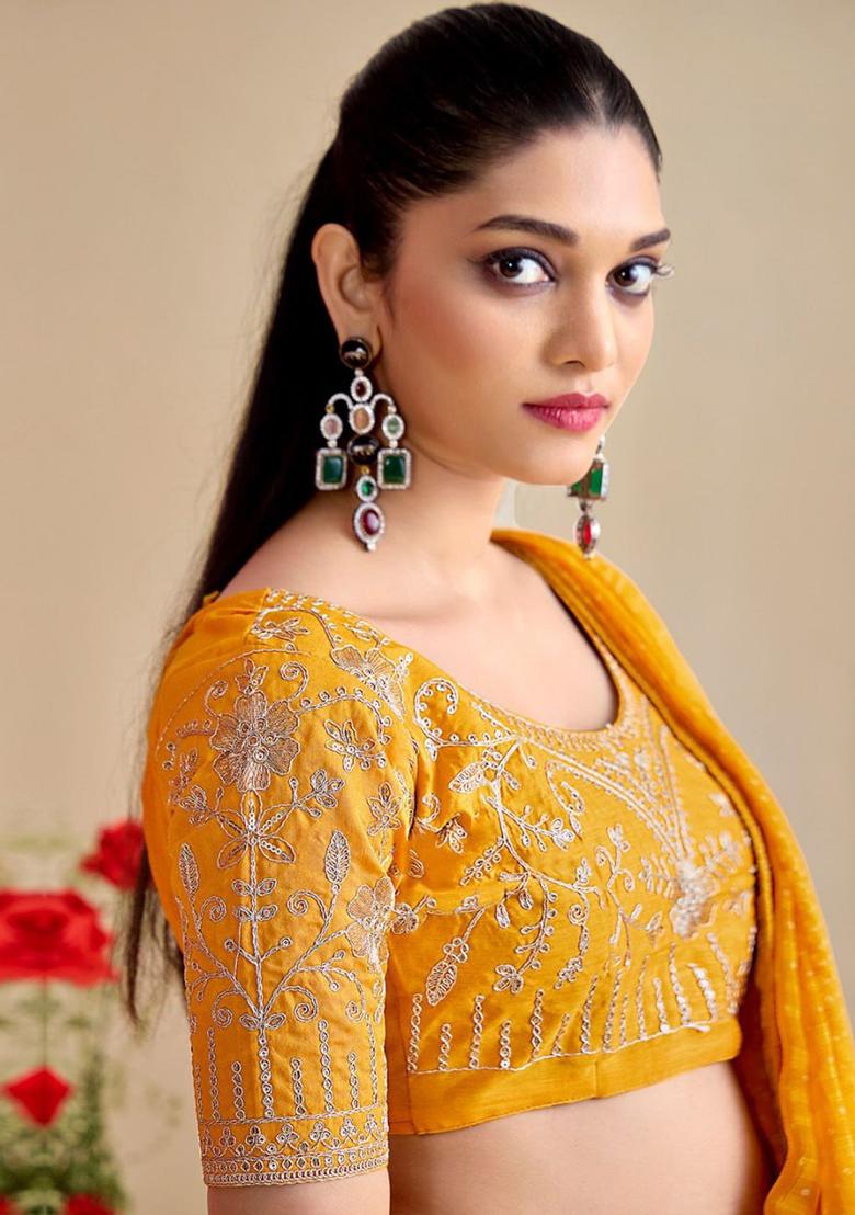 Yellow Embroidery Chiffon Saree Set - Indya