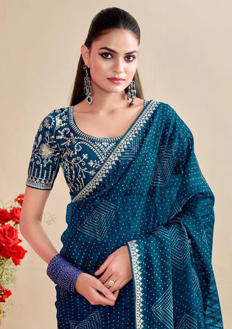 Teal Embroidery Chiffon Saree Set - Indya