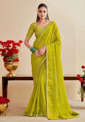 Parrot Green Embroidery Chiffon Saree Set