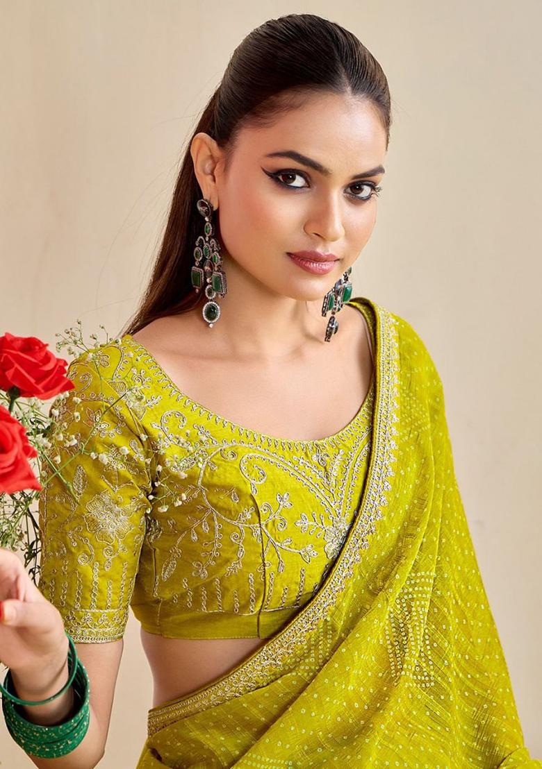 Parrot Green Embroidery Chiffon Saree Set - Indya