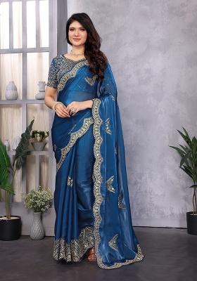 Royal Blue Embroidery Chiffon Saree Set