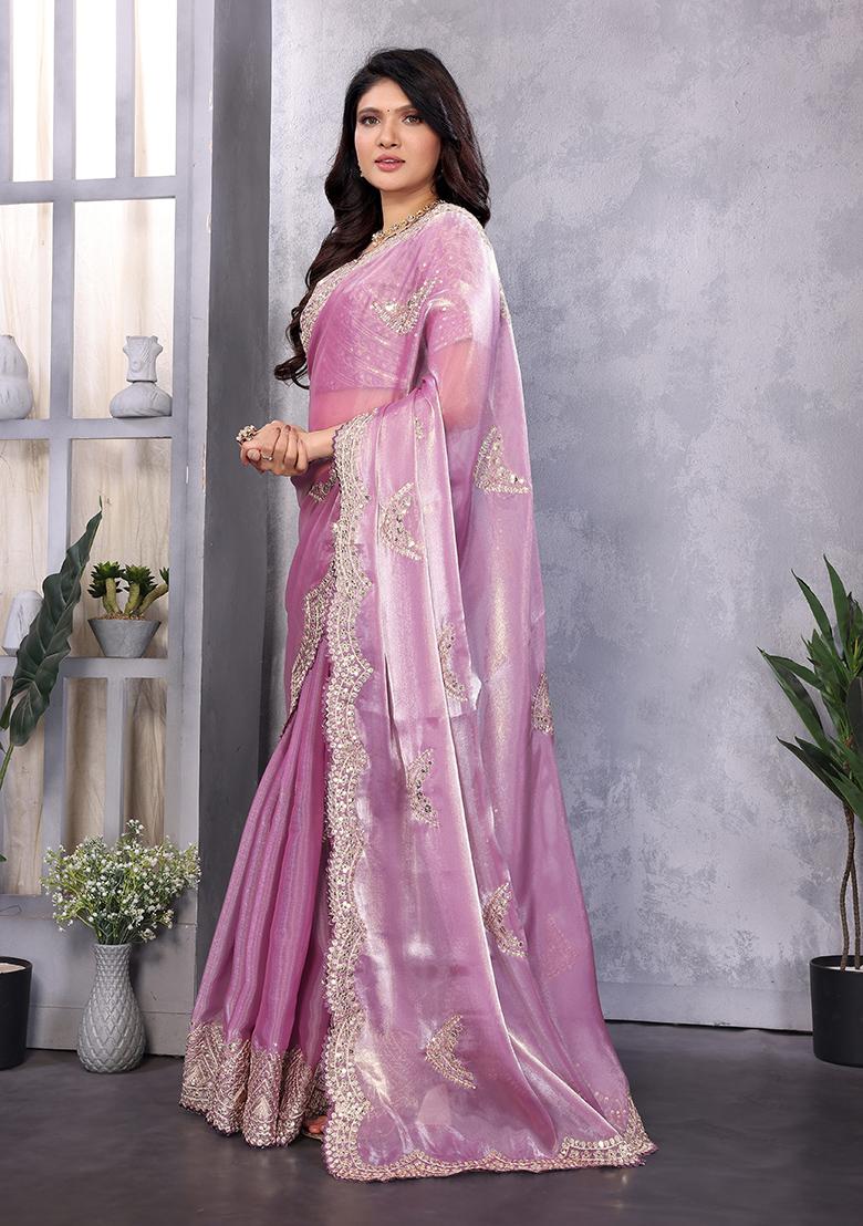 Light Lavender Embroidery Chiffon Saree Set - Indya