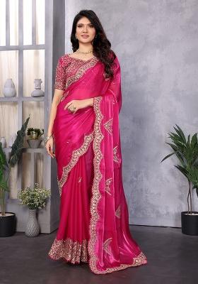 Rani Pink Embroidery Chiffon Saree Set