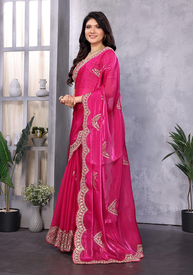 Rani Pink Embroidery Chiffon Saree Set - Indya
