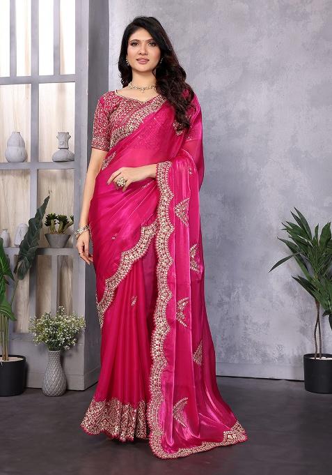 Rani Pink Embroidery Chiffon Saree Set
