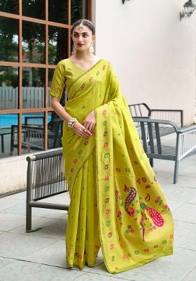 Parrot Green Woven Silk Saree Set