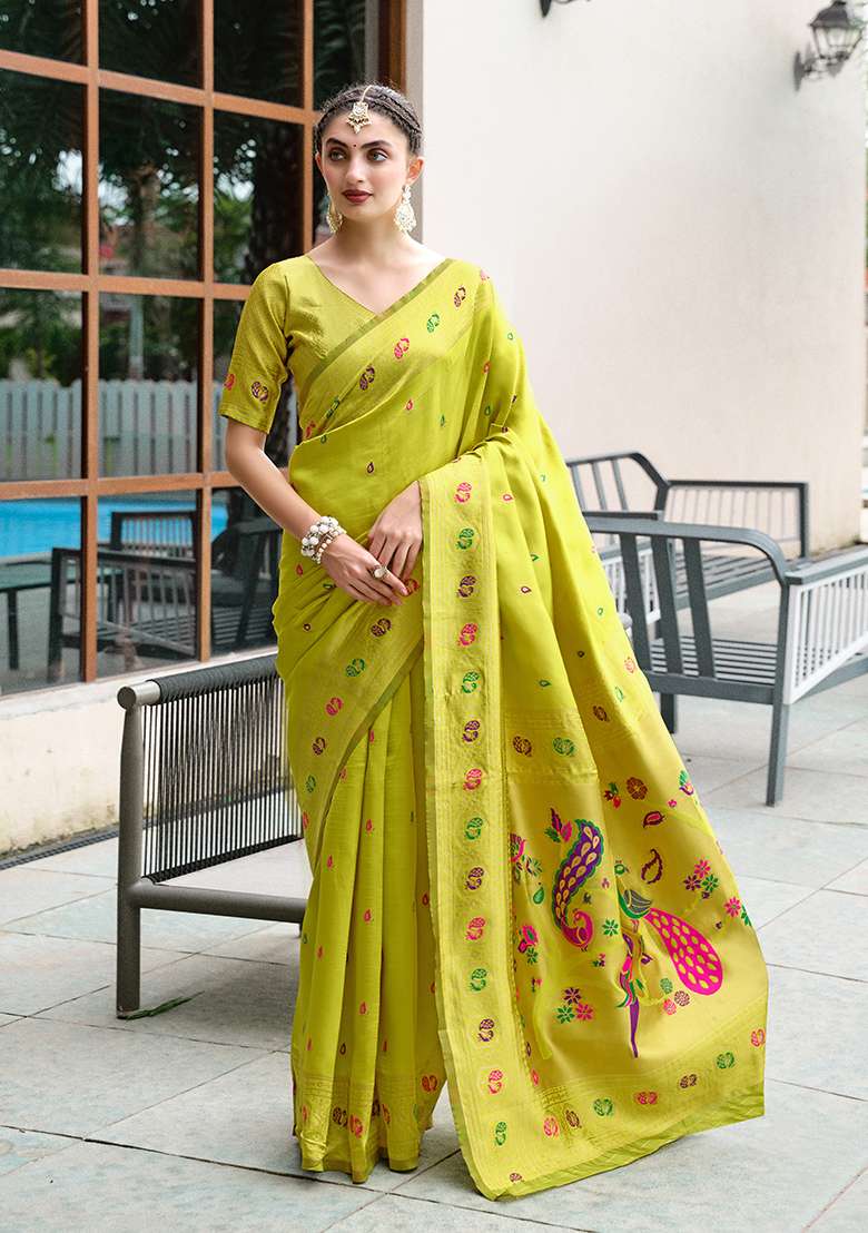 Parrot Green Woven Silk Blend Saree Set - Indya