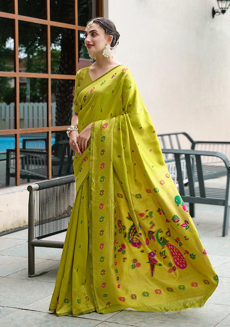 Parrot Green Woven Silk Saree Set - Indya