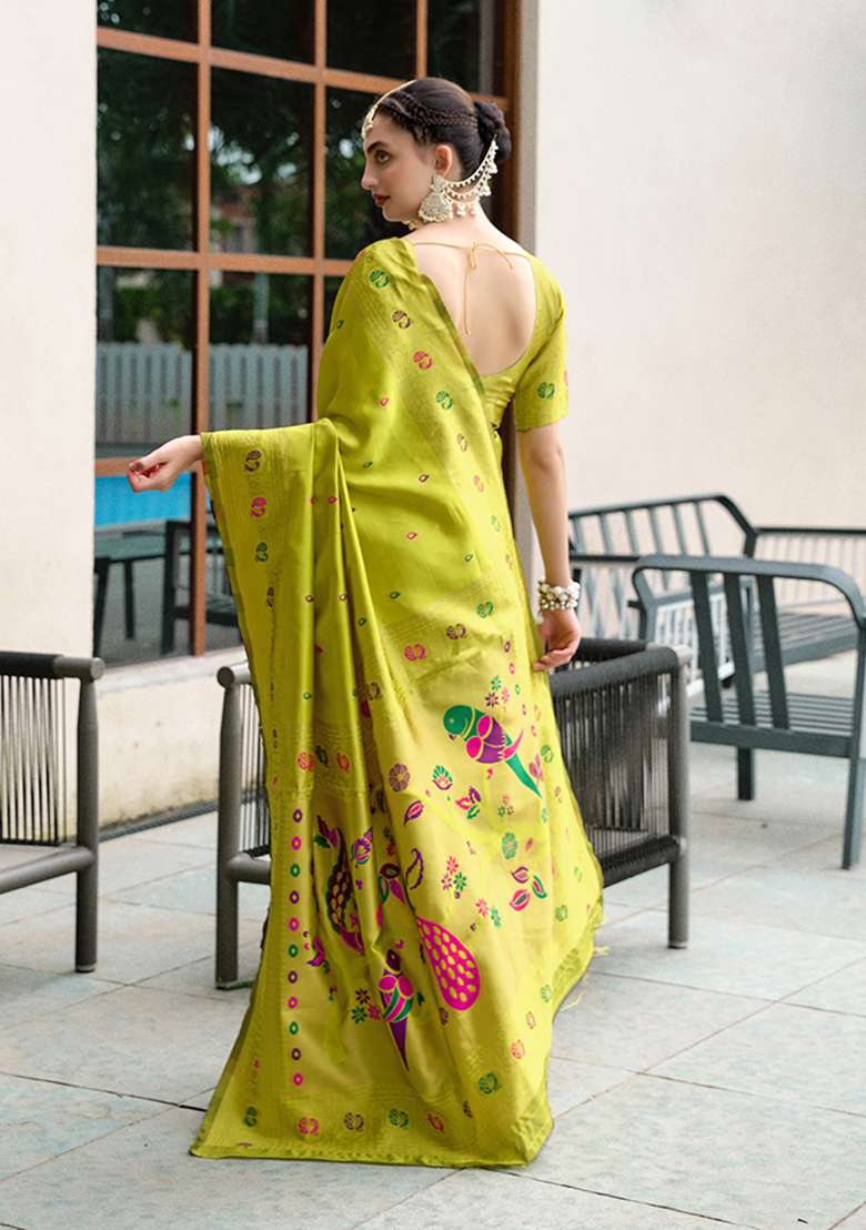 Parrot Green Woven Silk Blend Saree Set - Indya