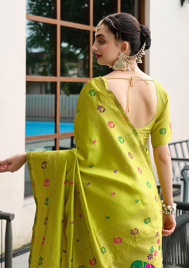 Parrot Green Woven Silk Saree Set - Indya