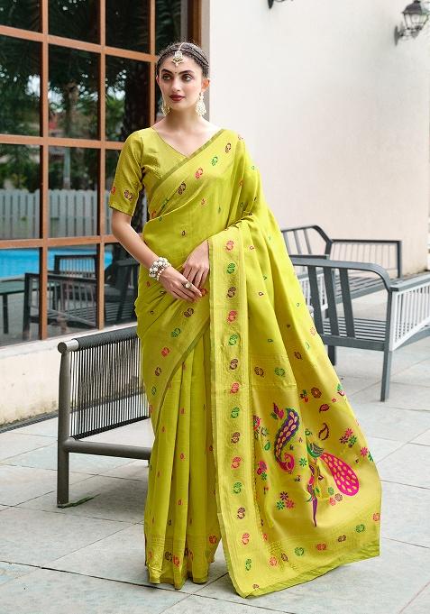 Parrot Green Woven Silk Saree Set