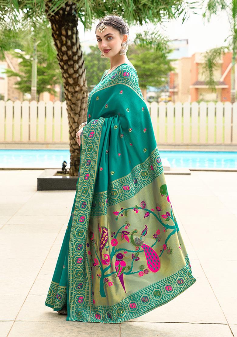 Sea Green Woven Silk Saree Set - Indya
