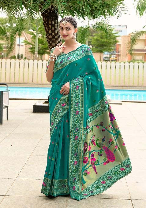 Sea Green Woven Silk Saree Set