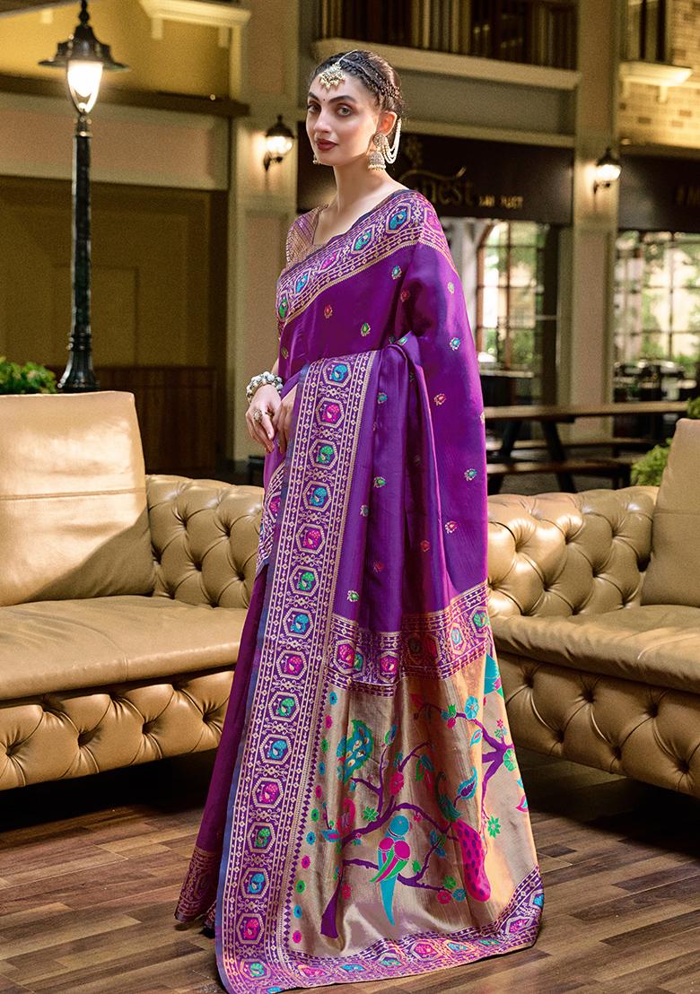 Purple Woven Silk Saree Set - Indya