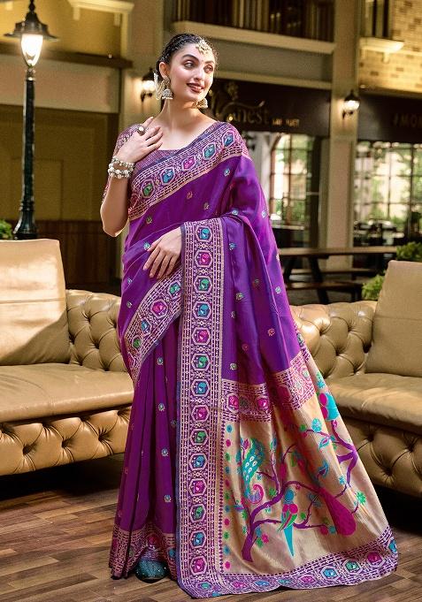 Purple Woven Silk Saree Set