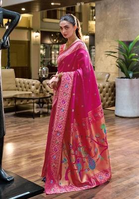 Magenta Woven Silk Saree Set