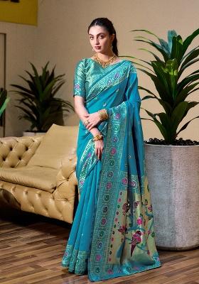 Sky Blue Woven Silk Saree Set