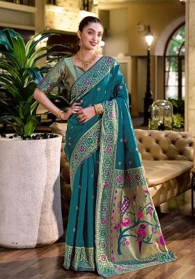 Teal Blue Woven Silk Saree Set