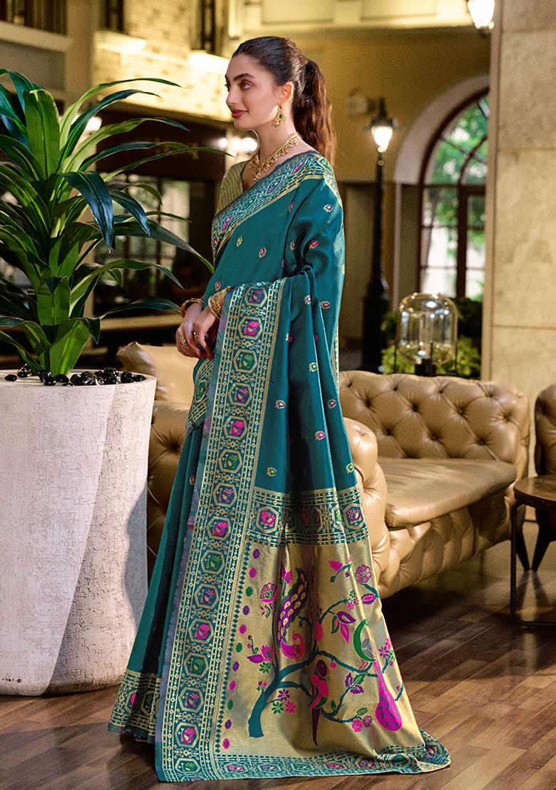 Teal Blue Woven Silk Saree Set - Indya