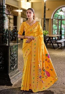 Yellow Woven Silk Saree Set
