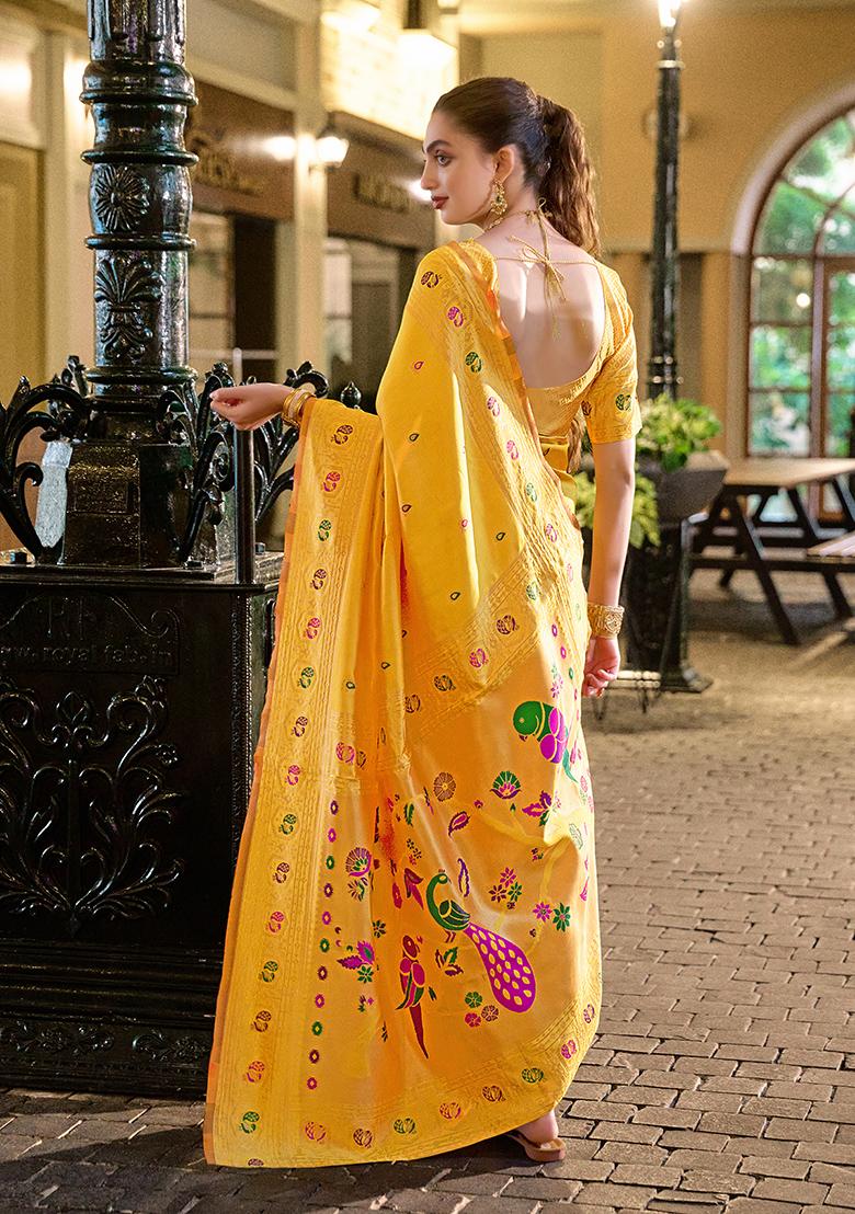 Yellow Woven Silk Saree Set - Indya