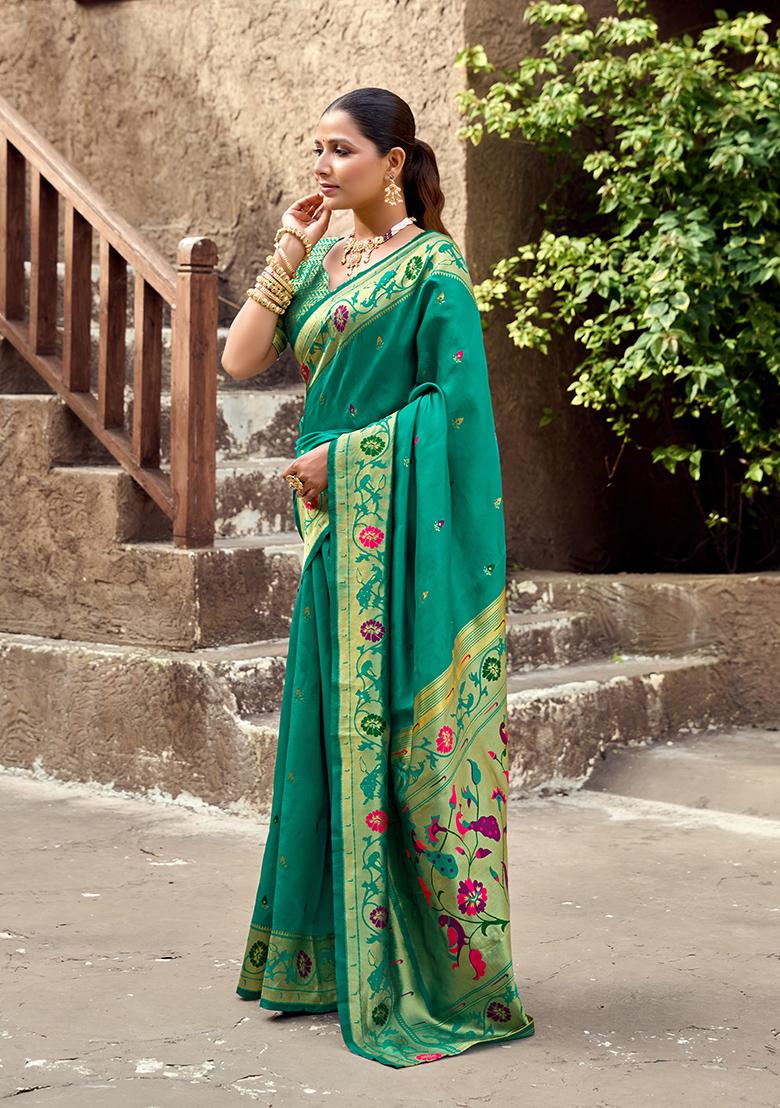 Sea Green Woven Silk Saree Set - Indya