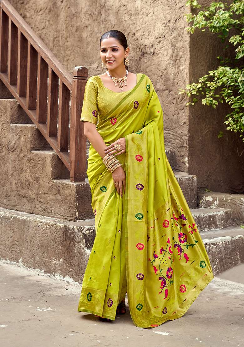 Parrot Green Woven Silk Blend Saree Set - Indya