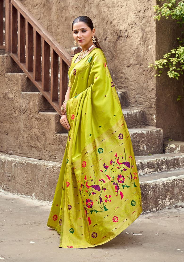 Parrot Green Woven Silk Saree Set - Indya