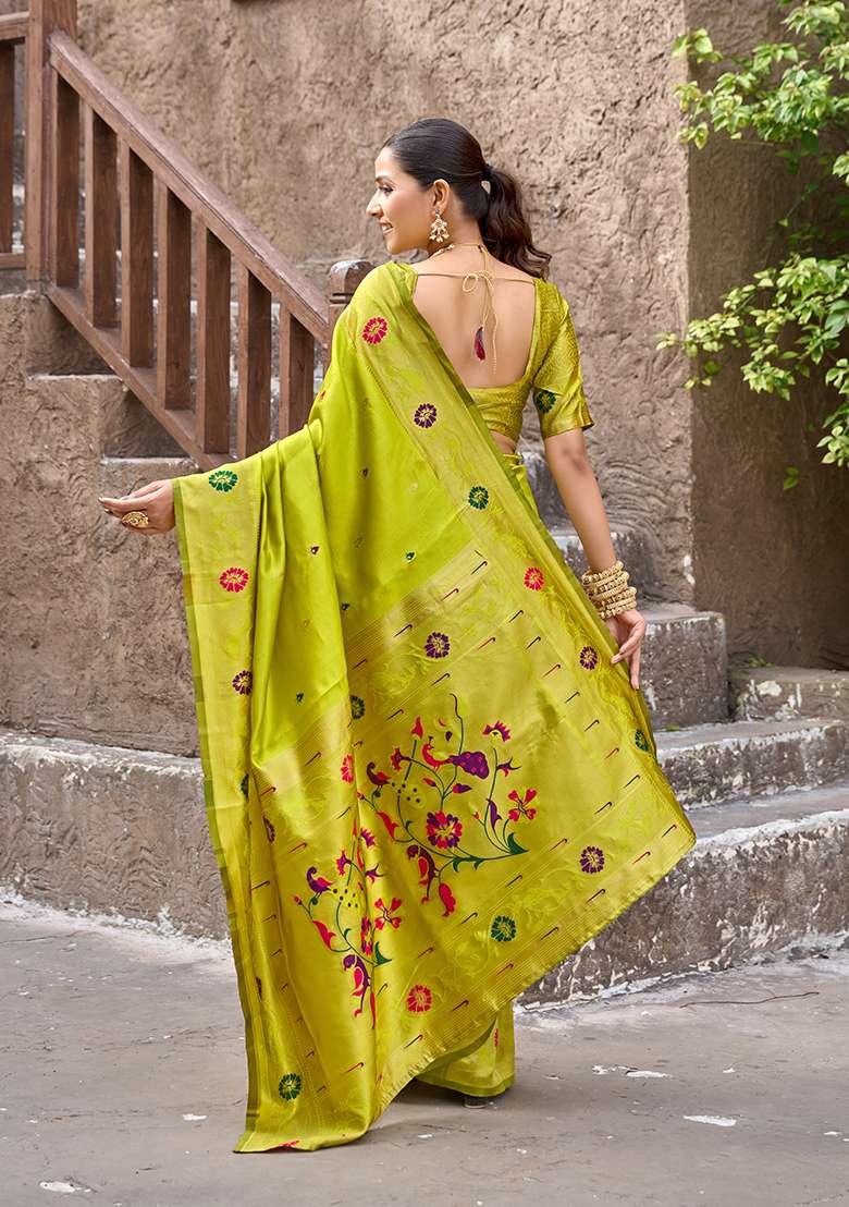 Parrot Green Woven Silk Blend Saree Set - Indya