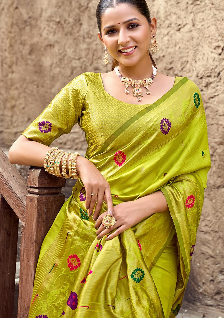 Parrot Green Woven Silk Saree Set - Indya