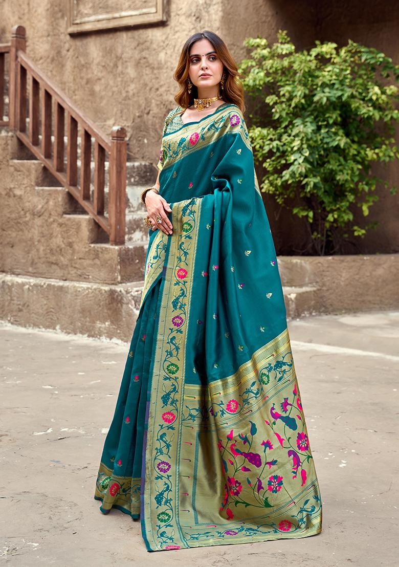 Teal Blue Woven Silk Saree Set - Indya