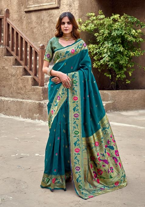 Teal Blue Woven Silk Saree Set