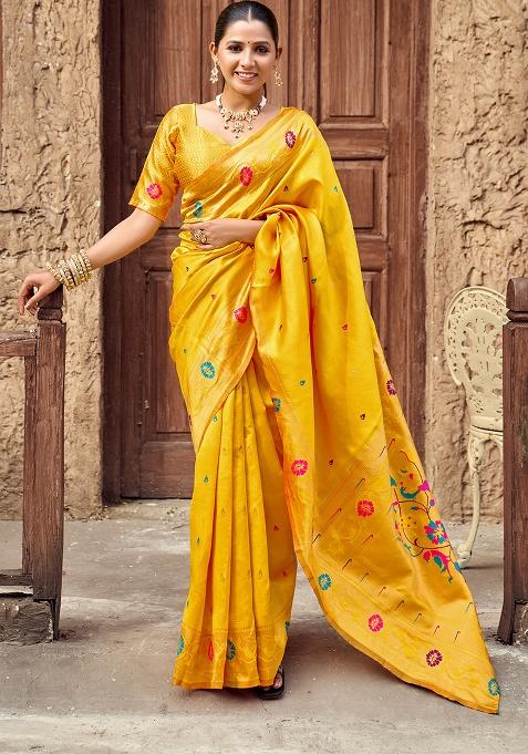 Yellow Woven Silk Saree Set