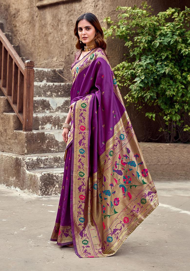 Purple Woven Silk Saree Set - Indya