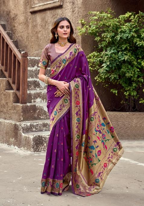 Purple Woven Silk Saree Set