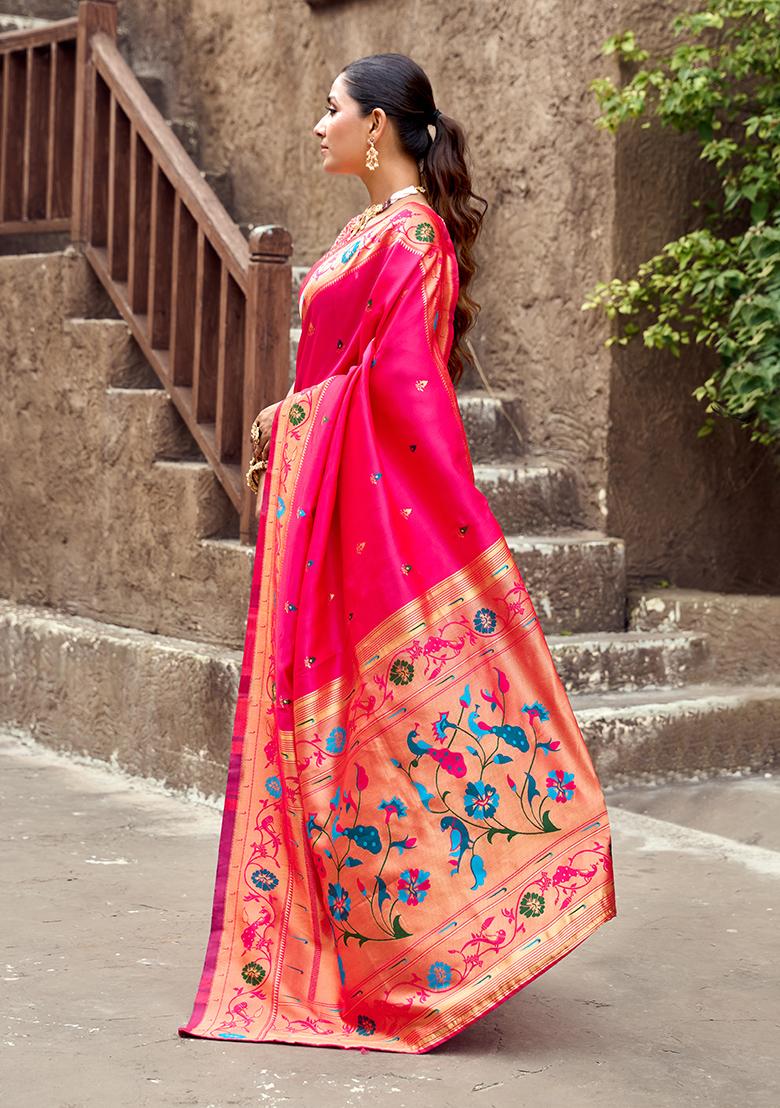 Magenta Woven Silk Saree Set - Indya